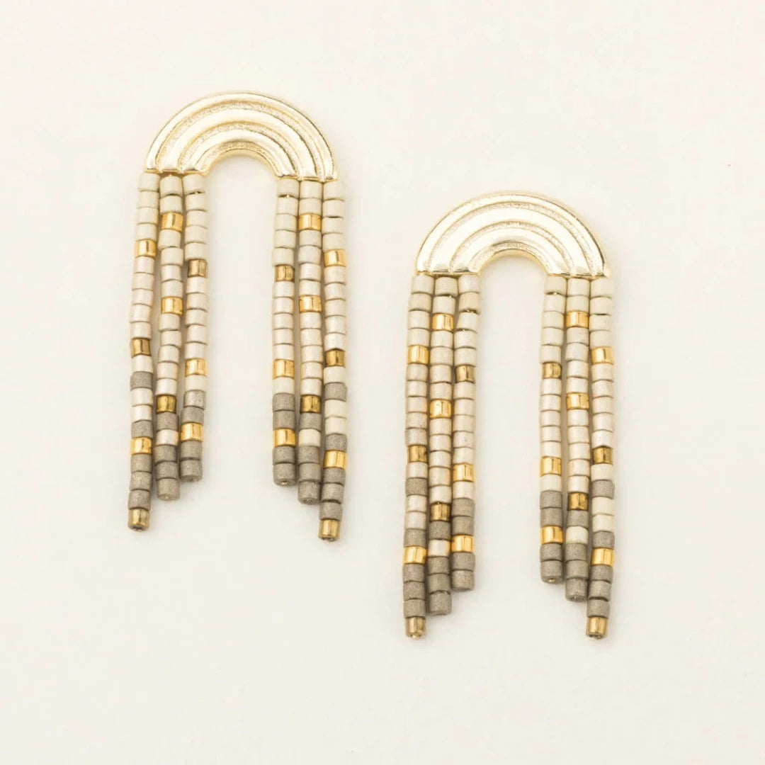 Gold earrings with white and gray fringe beads