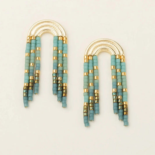 Gold earrings with turquoise and mint fringe beads