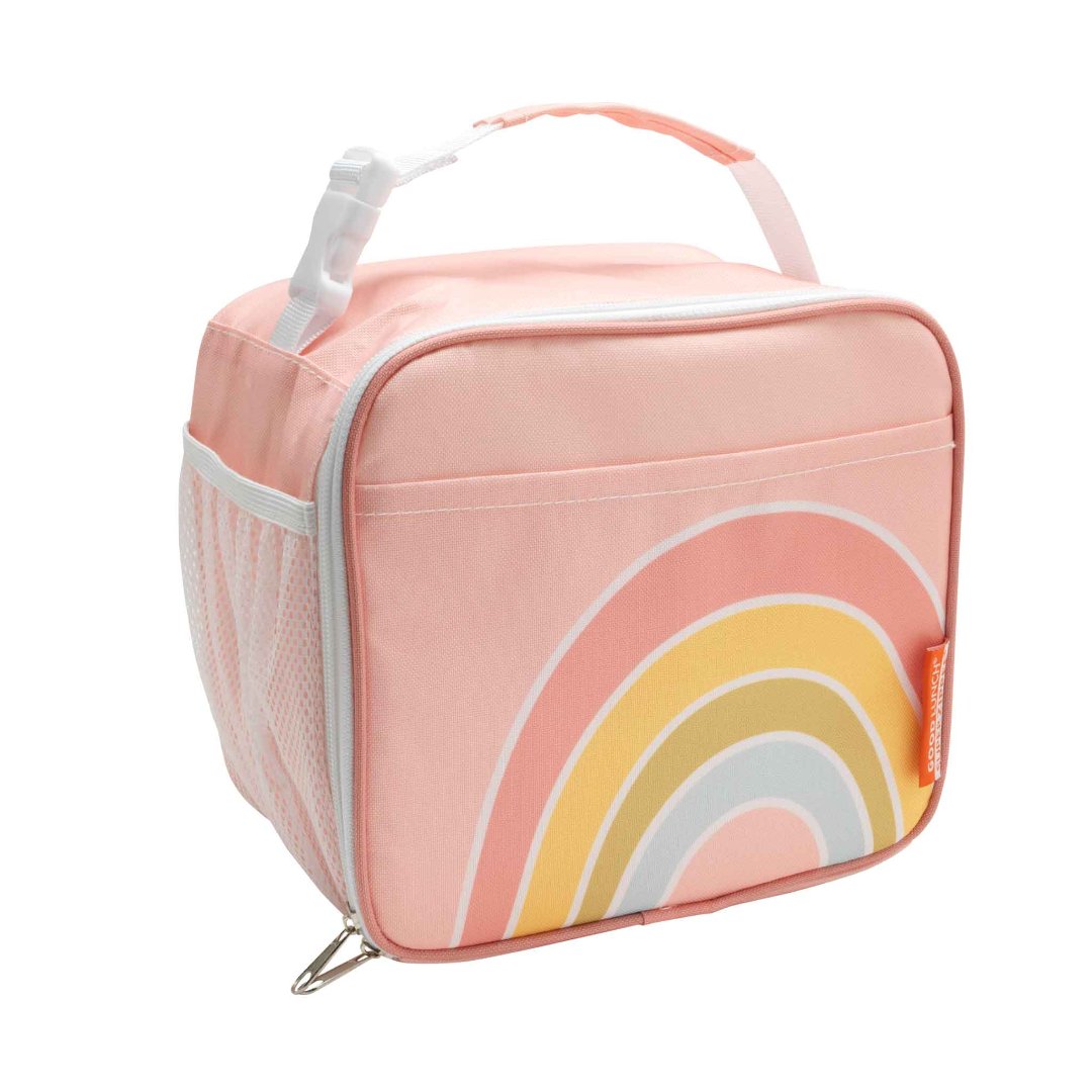 light pink lunch box with a rainbow on the front and a handle on the top