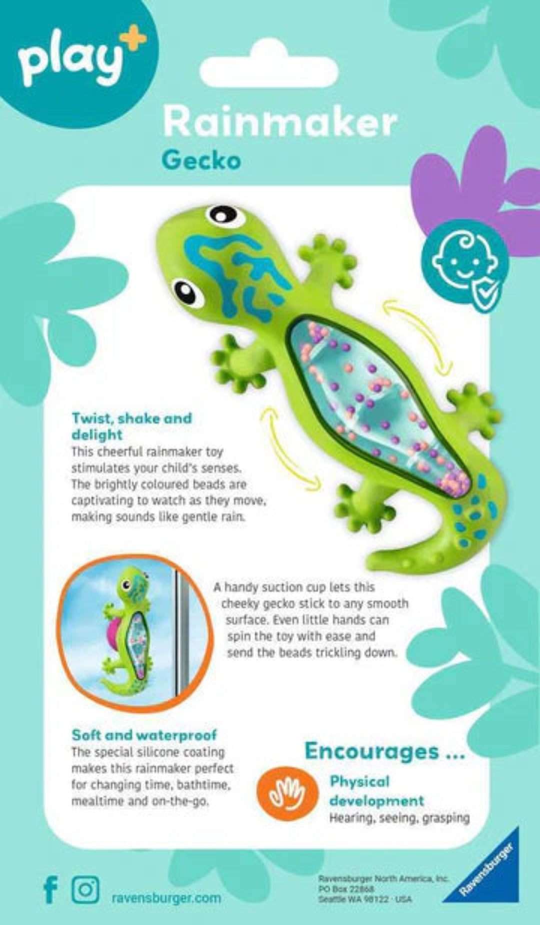 Ravensburger Rainmaker Gecko toy packaging with green gecko design on a light blue background