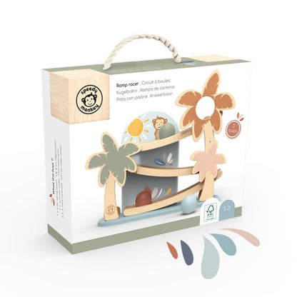 wooden pastel colored ramp toy with a monday and palm trees on the ramp, and 3 balls that roll down the ramps