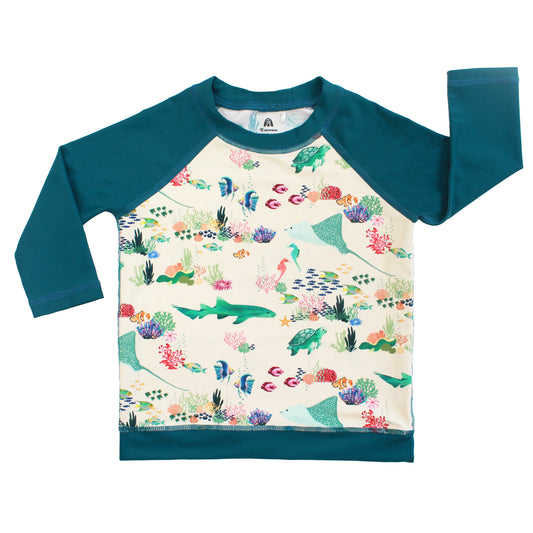 Children's sweatshirt with ocean-themed design and teal sleeves on a white background