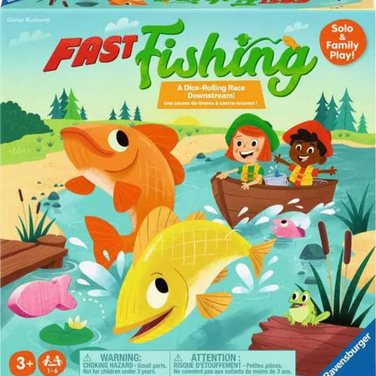 Board game box for 'Fast Fishing' by Ravensburger with cartoon children and fish on a lake background.