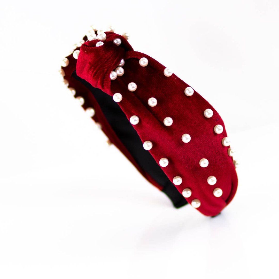 red velvet headband with white pearls all over 