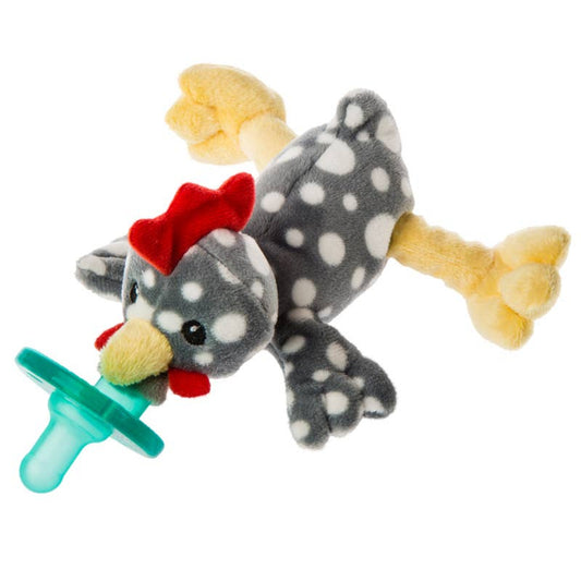 stuffed chicken toy that holds a pacifier