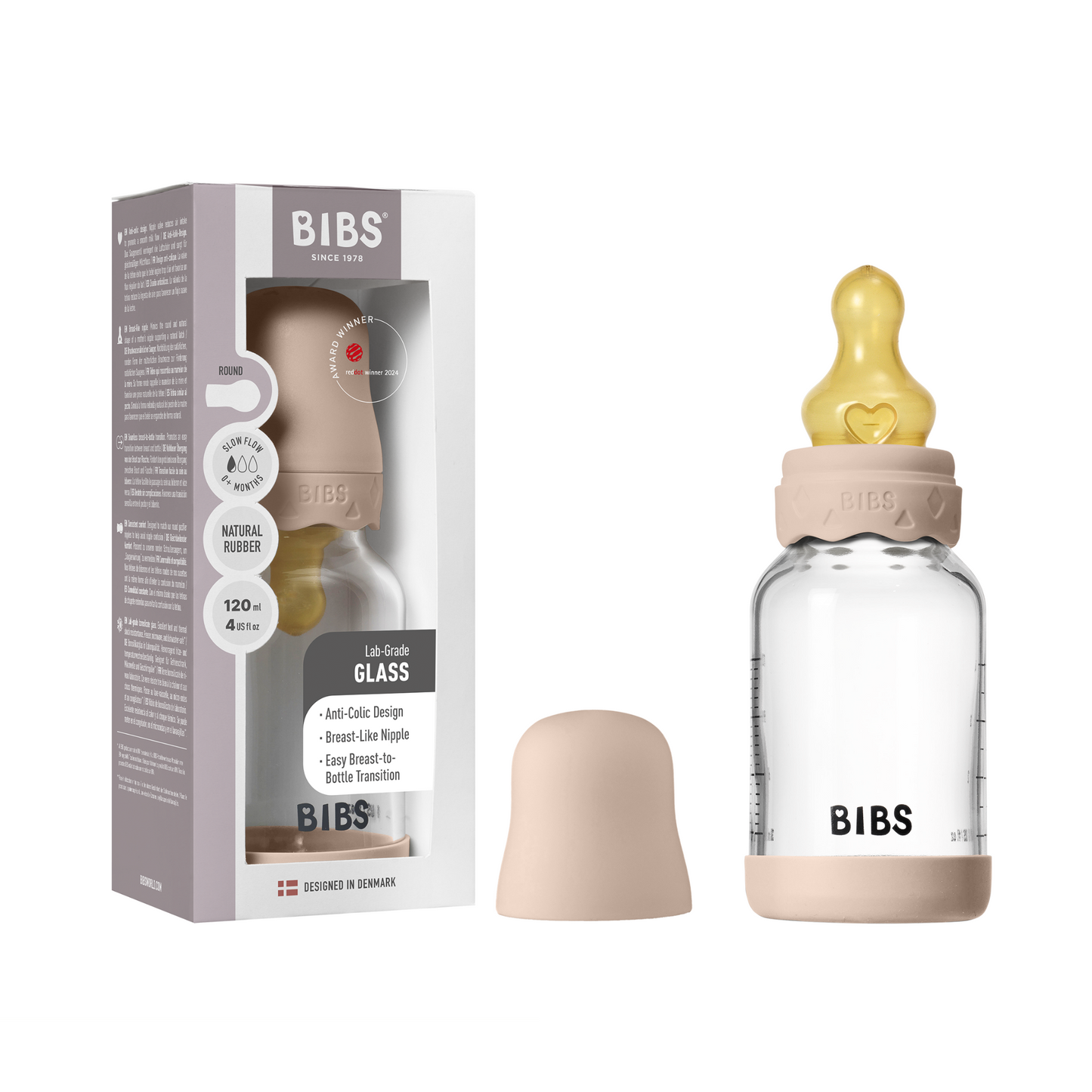 BIBS baby bottle with packaging on a white background