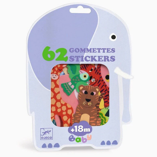 Pack of stickers with animal designs on a blue background, featuring the brand 'Djeco'.