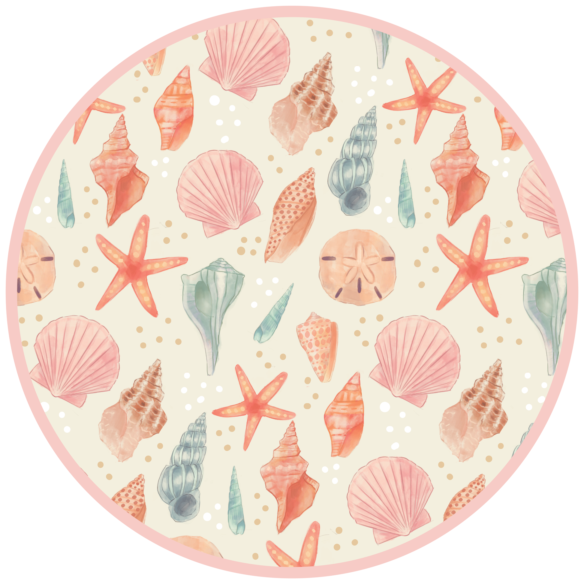 Print circle with seashell and starfish pattern on a white background