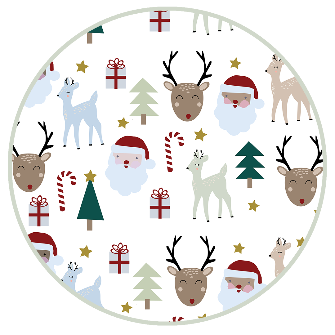 the "Santa and friends" print is a Christmas themed pattern mixed with Santa heads, candy canes, reindeer, Christmas trees, Rudolph heads, and gold stars. this is all on a white background. 