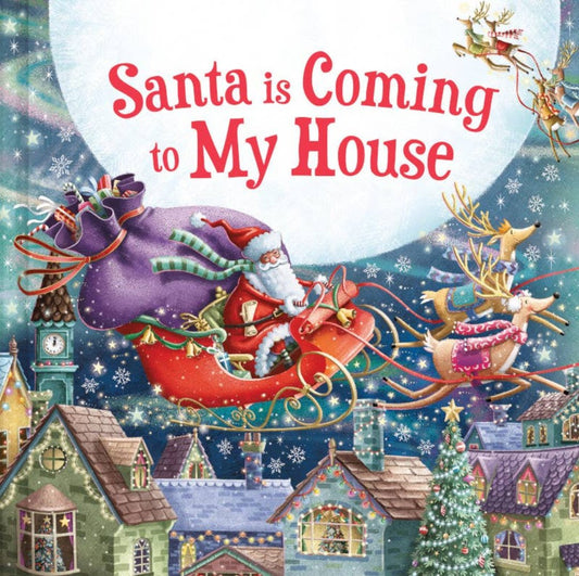 santa claus flying in his sleigh over the town