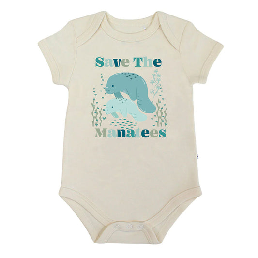 Save the Manatees cotton baby onesie in a flat lay, featuring a soft, eco-friendly design with a cute manatee print for babies.