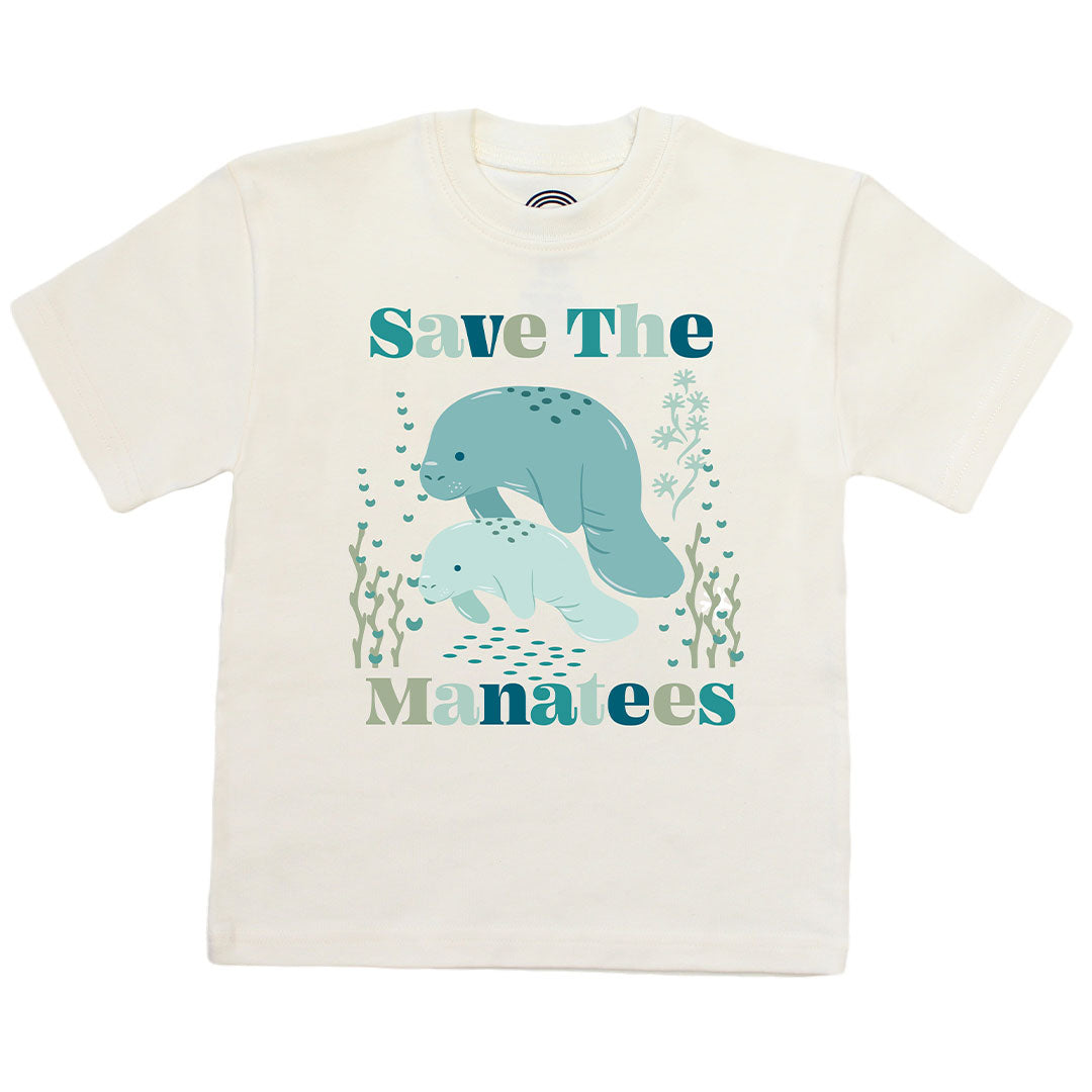 Flat lay image of our Save the Manatees Cotton Toddler Short Sleeve Shirt.
