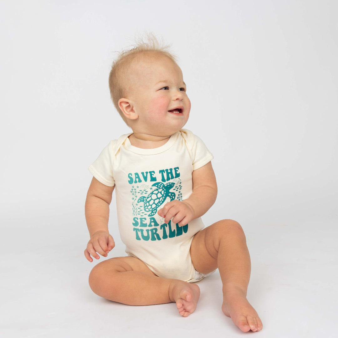 Save the Sea Turtle baby onesie made of 100% cotton by Emerson and Friends.