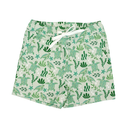 Save the Sea Turtles Boys Swim Trunks by Emerson and Friends, featuring a sea-green turtle and ocean-inspired print. Made from quick-dry, lightweight fabric with an adjustable drawstring waist for a comfy fit. Perfect for beach days and poolside fun!