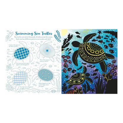 Illustration of sea turtles with coloring guide on a white background