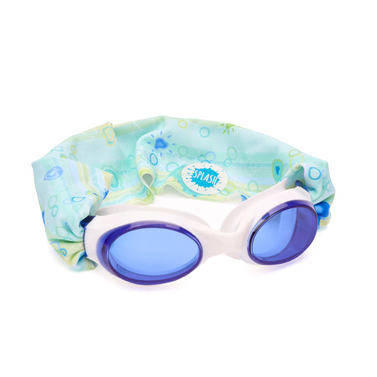 • Splash Place sea glass swim goggles with blue and green fabric strap
• No tangle fabric strap swim goggles with blue tinted lenses and white frame