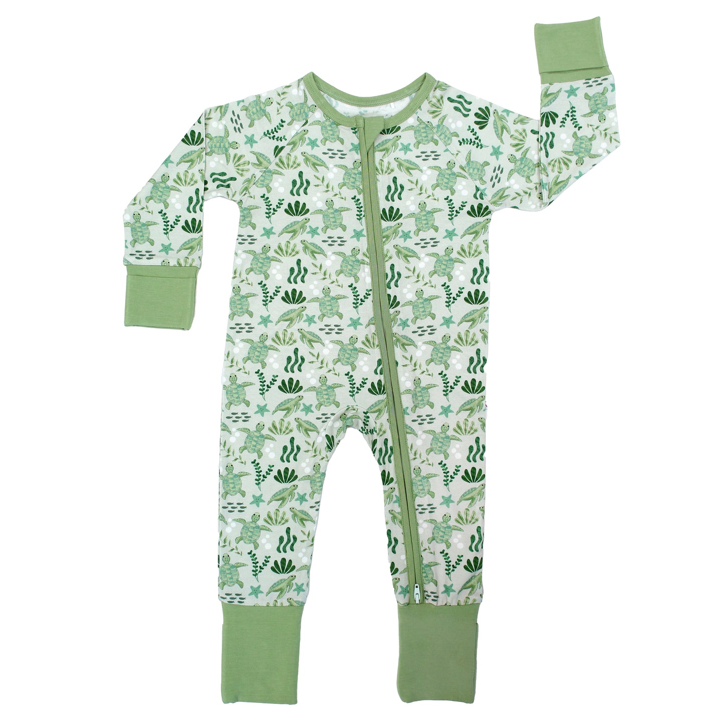 Save the Sea Turtles bamboo convertible baby pajamas by Emerson and Friends. This ultra-soft, eco-friendly footie features a charming sea turtle and ocean-inspired print. Made from breathable bamboo fabric, it’s perfect for sensitive skin and designed for ultimate comfort with fold-over feet and mittens.