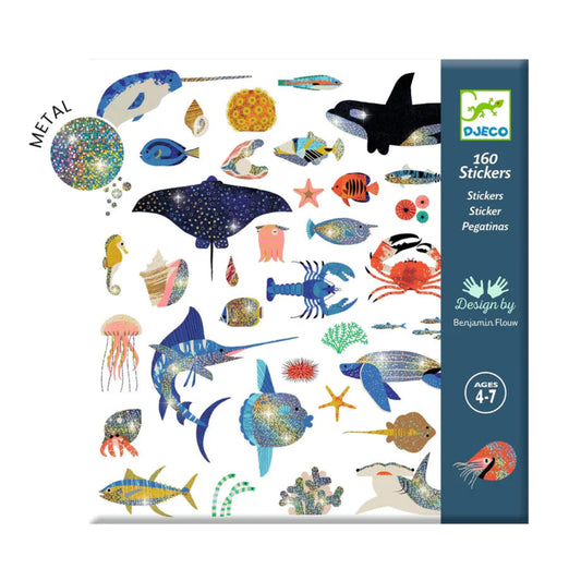 Djeco sticker book with colorful underwater animal illustrations on a white background