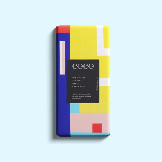 Chocolate bar in an artsy yellow, blue, and pink wrapper