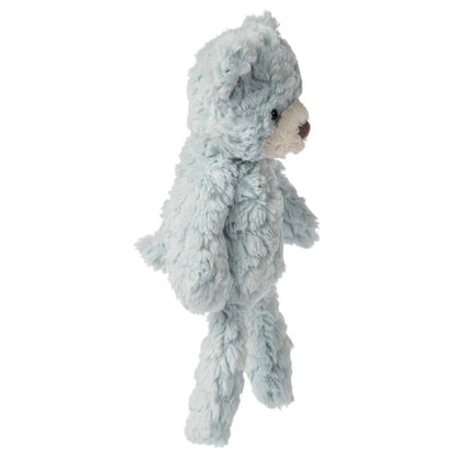Plush toy resembling a bear with a textured gray fur on a white background