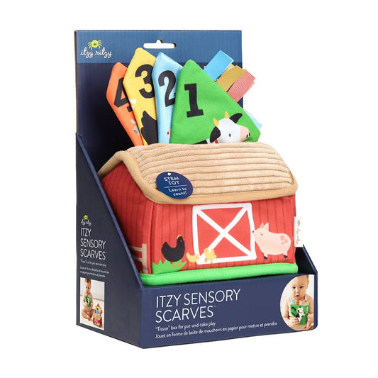 baby toy shaped like a barn with removable squares that have animals and numbers on them