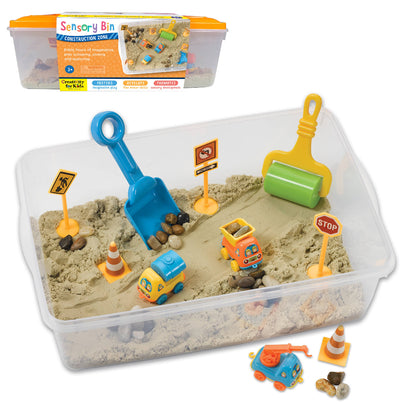 sensory bin with sand, rocks, shovel, toy cars