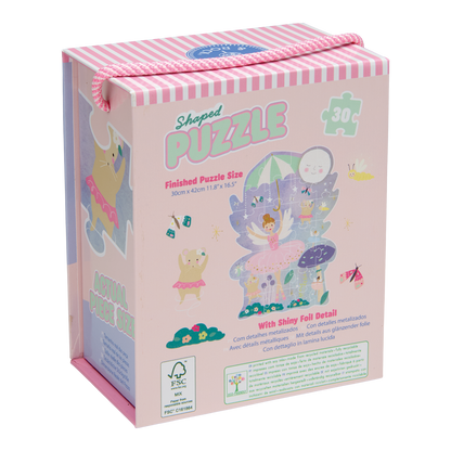 Shaped puzzle packaging with illustrations of a fairy and unicorn on a pink background