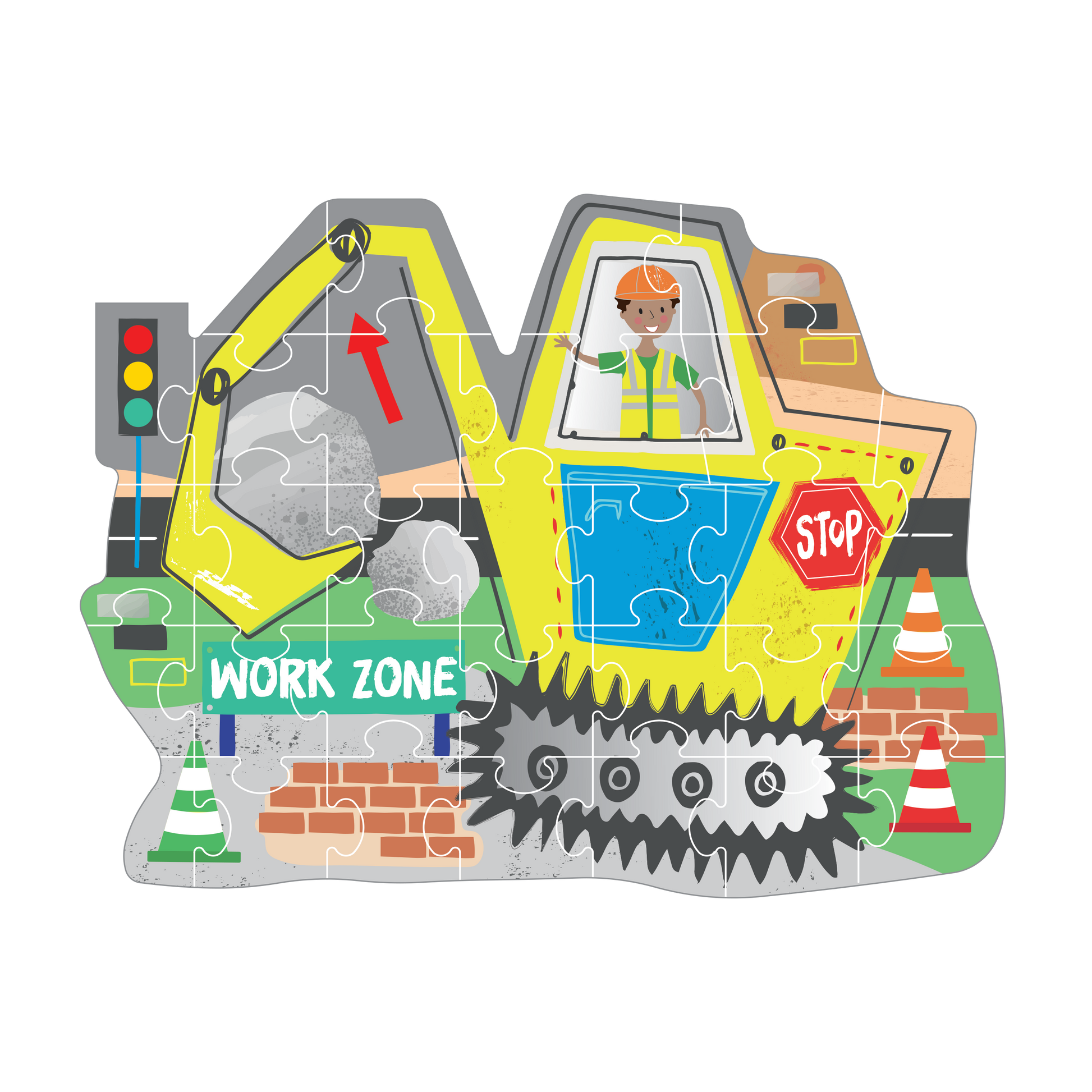 Children's puzzle with an excavator design featuring a construction worker and traffic elements.