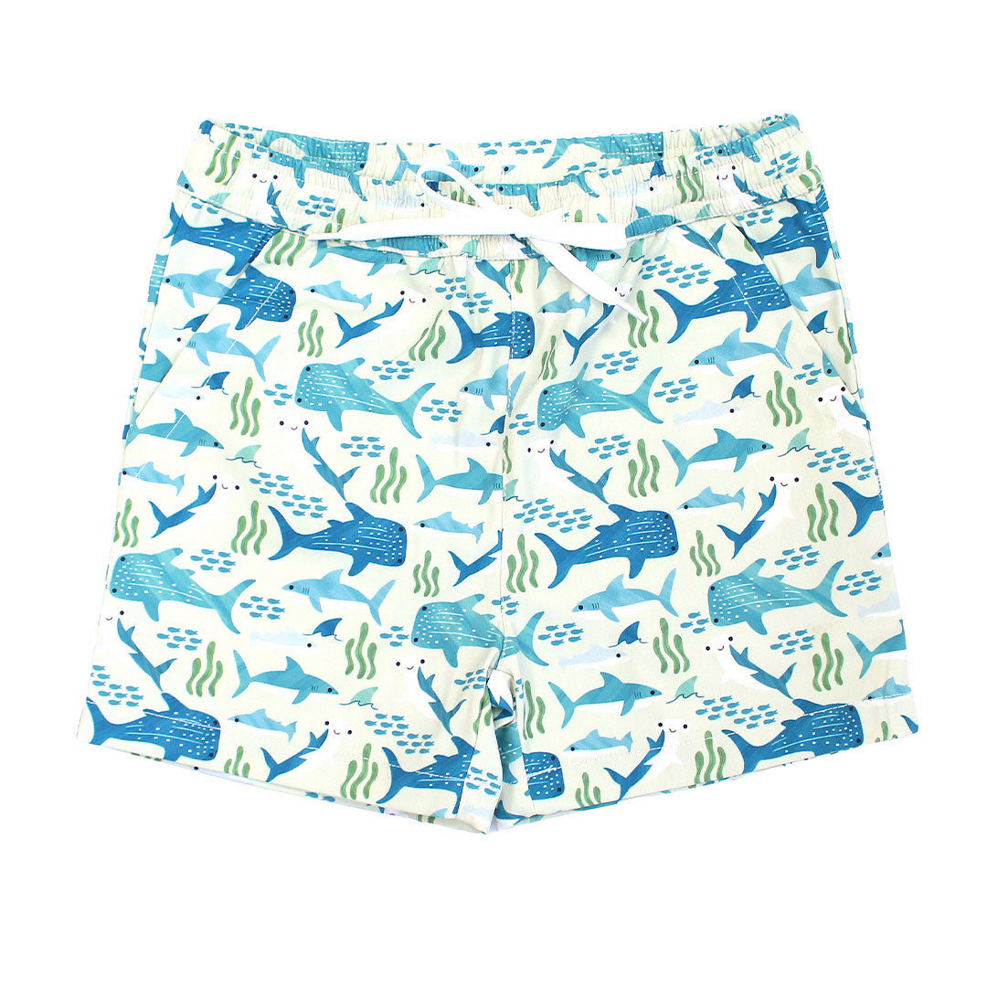 Flat lay of the Shark Friends Boys Swim Trunks. The print features schools of fish, seaweed, and different types of sharks.