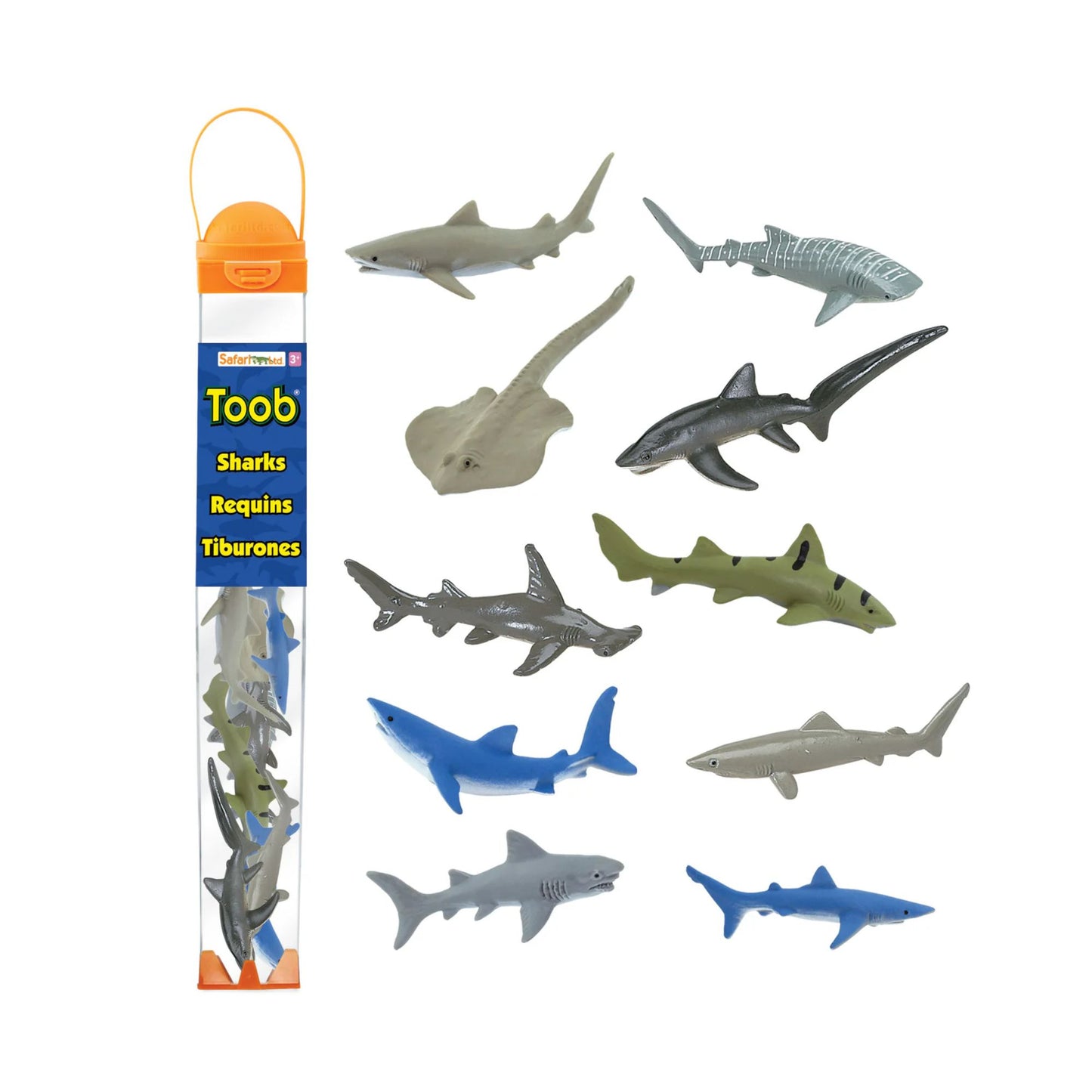 Set of shark figurines with a Toob packaging on a white background