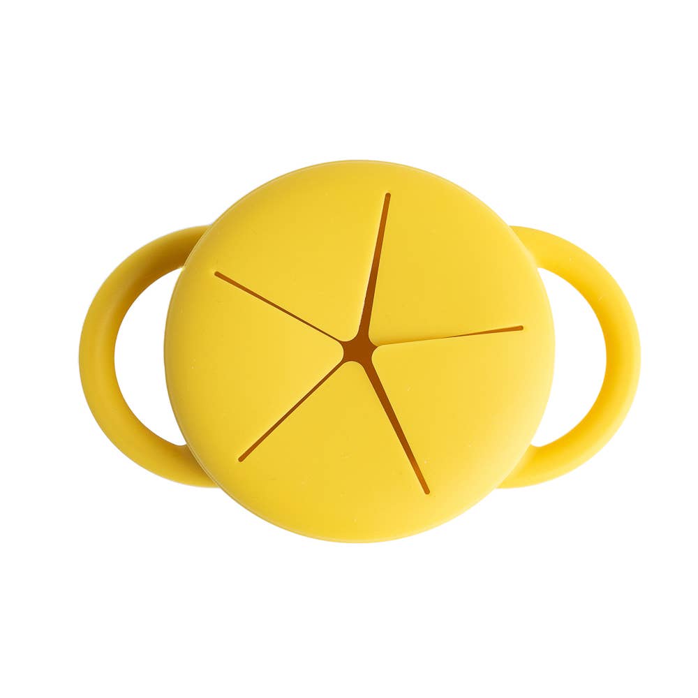 Yellow silicone snacker cup with handles on a white background