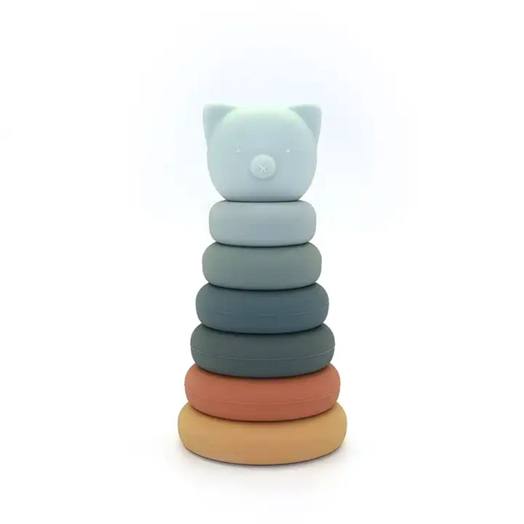 the silicone bear stacking set comes with 6 rings to stack, biggest to smallest. the rings are in the colors of yellow, red, green, navy, light blue