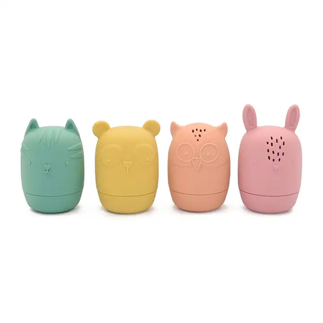 the silicone bath toys come in 4 colors. all of them are different animals. one is teal, one is yellow, one is peached colored, and the last one is pink. 