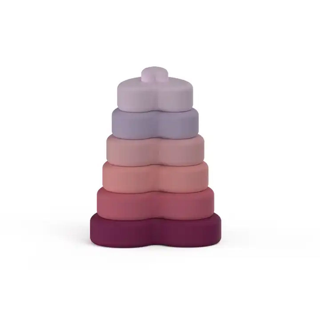 the silicone hearts stacking toy. this is a stacking toy that takes the shape of hearts in different types of purples and pinks.