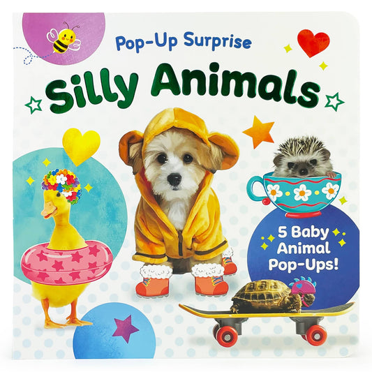 silly animal board book with a duck dressed in pool gear, a puppy in a rain coat, and hedgehog in a teacup and a turtle on a skateboard on the front cover