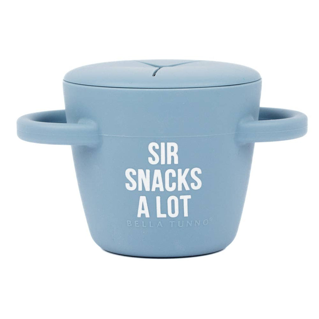 blue snack cup that says sir snacks alot