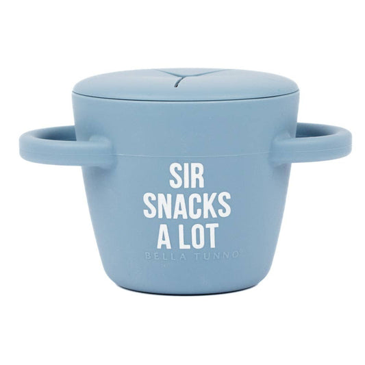 blue snack cup that says sir snacks alot