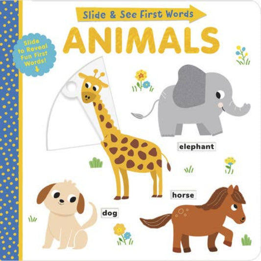 board book with an elephant, giraffe, dog, and horse on the cover