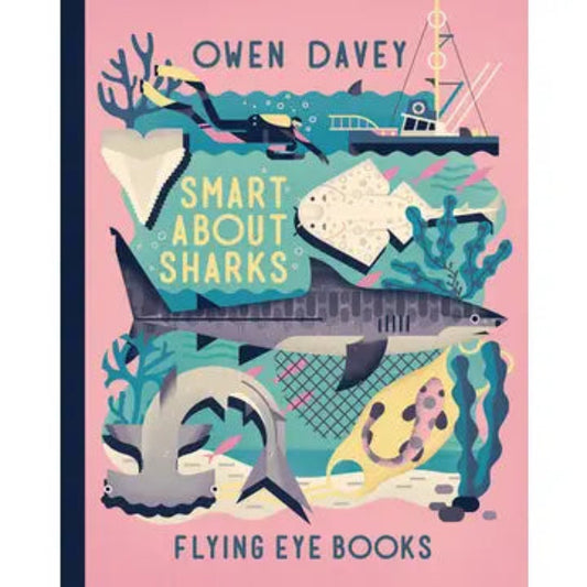 hardcover book with multiple sharks, a boat, and a scuba diver on the cover