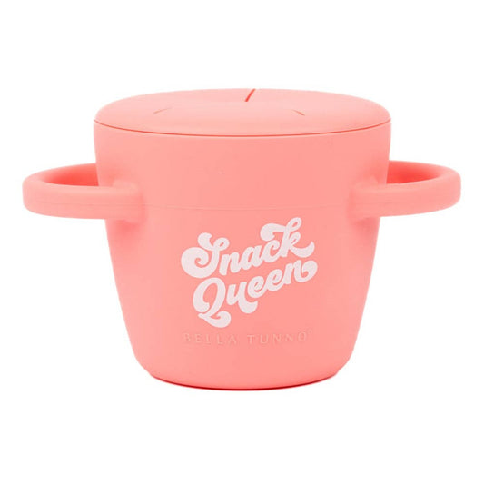 peach silicone snack cup that says snack queen on it