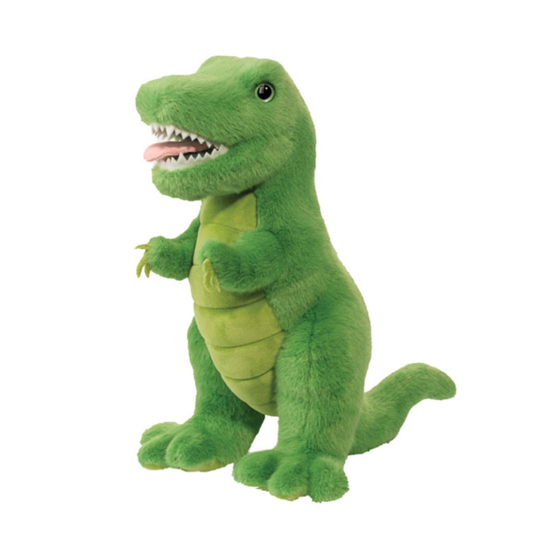 friendly looking green stuffed animal dinosaur with its mouth open 