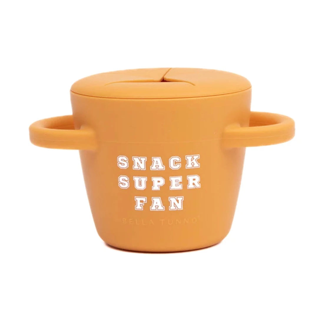 orange snack cup with 2 handles that reads snack super fan