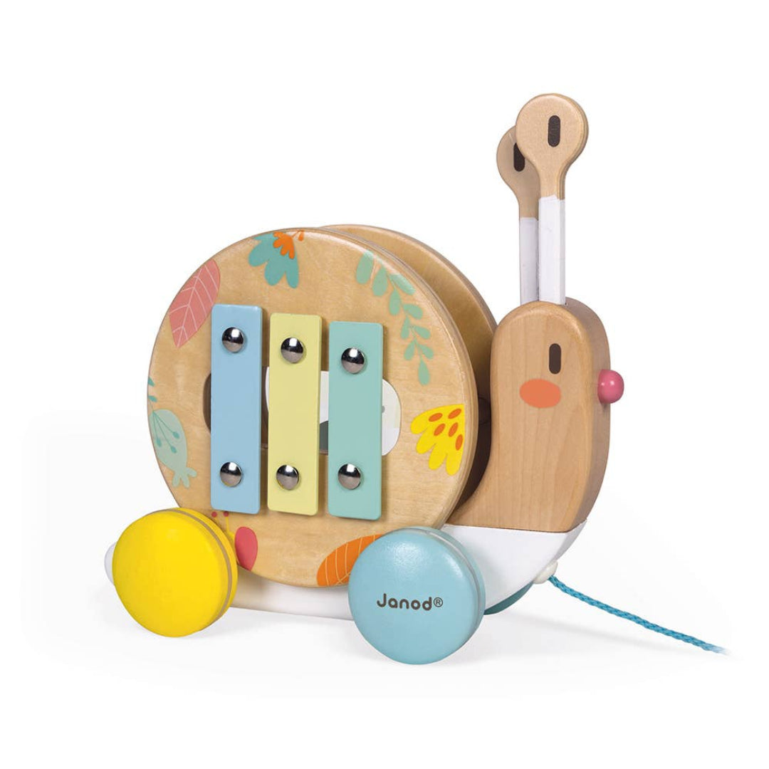 wooden pull along snail shaped musical toy 