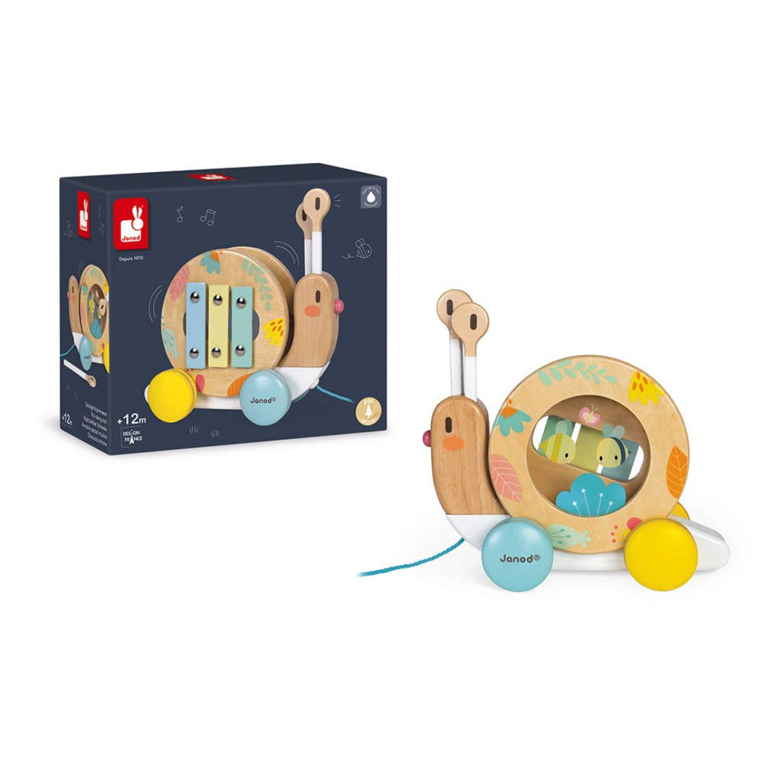 wooden pull along snail shaped musical toy 