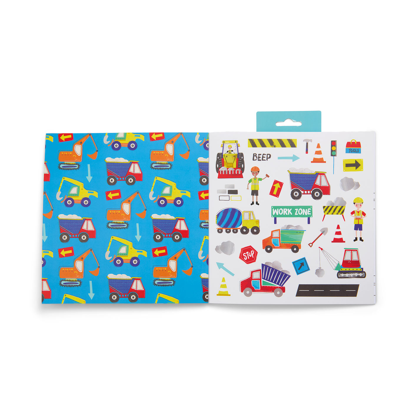 Children's activity book with construction vehicle theme on a white background