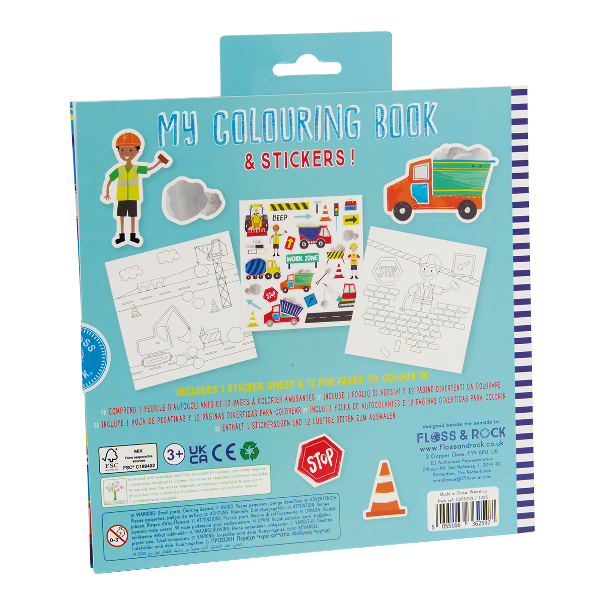 Packaging of a children's colouring book and stickers set with illustrations on a blue background.