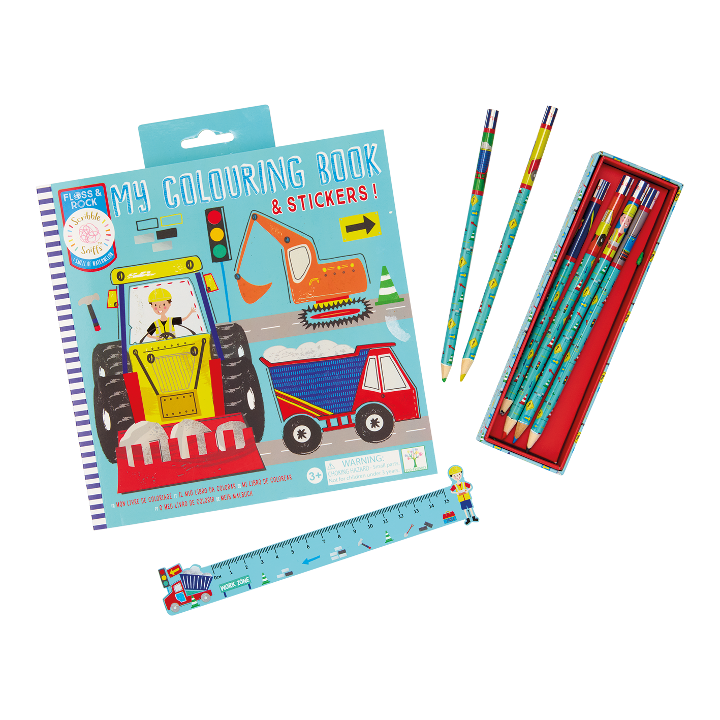 Children's colouring book, pencils, and ruler on a white background