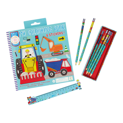 Children's colouring book, pencils, and ruler on a white background