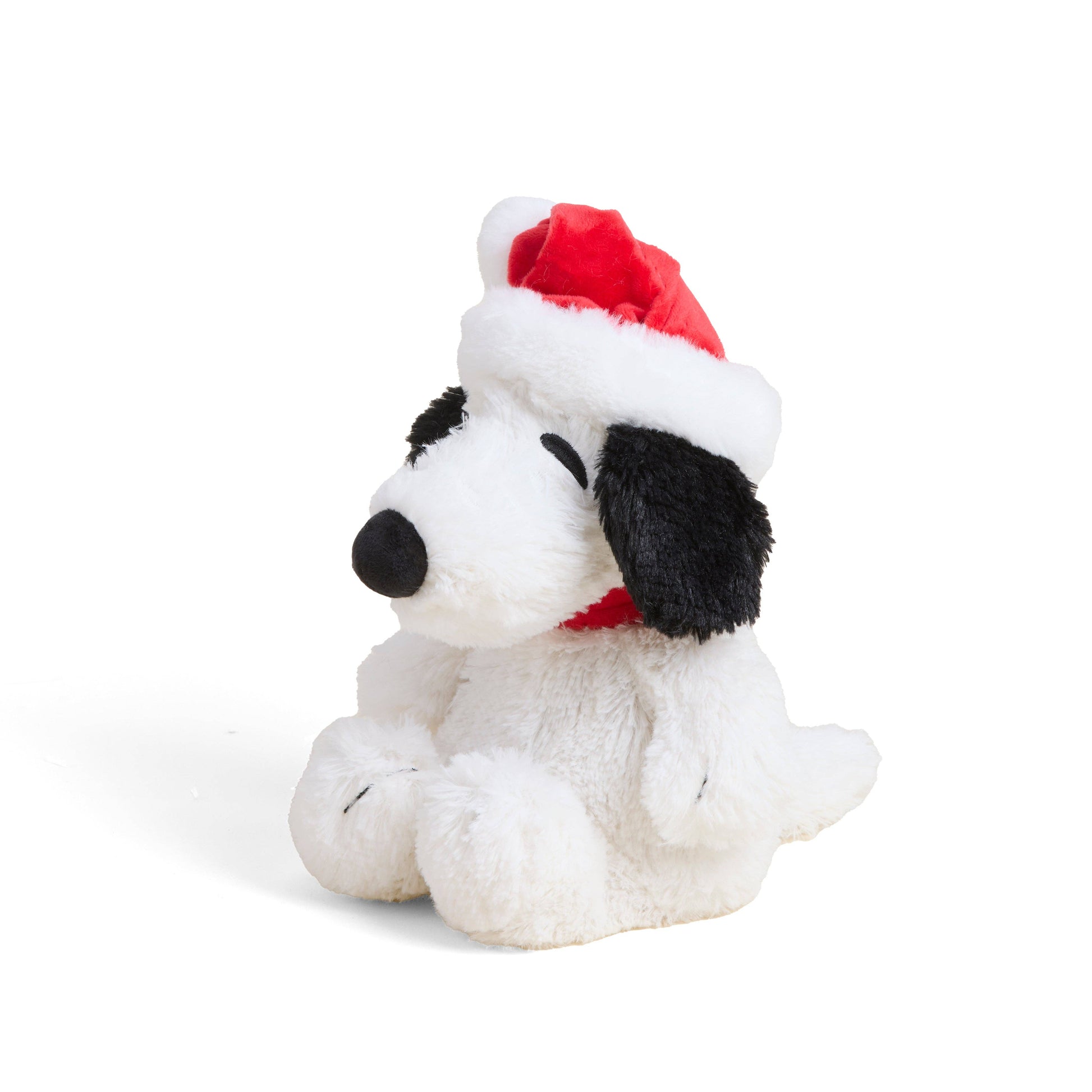 Plush dog toy wearing a Santa hat on a white background