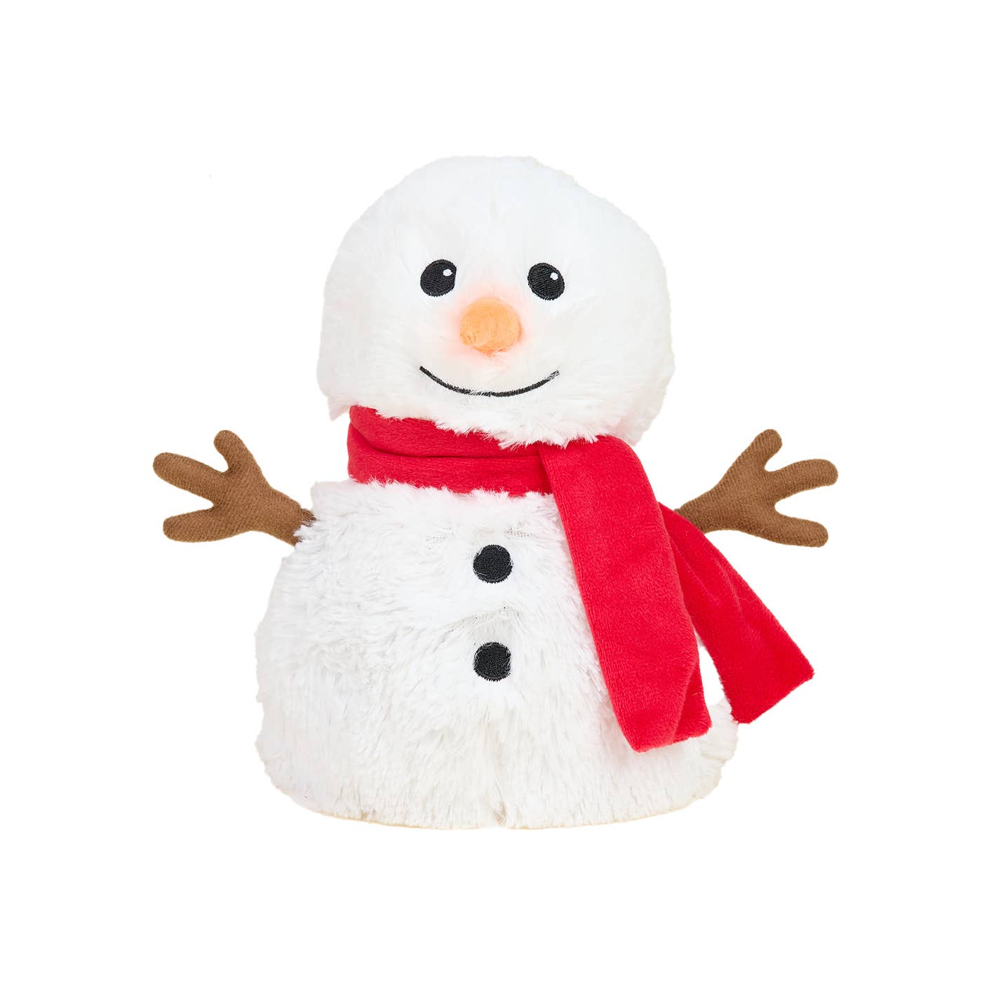 Plush snowman toy with a red scarf on a white background